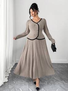 Dazy Plus 大码女士优雅两件套：撞色拼接双排扣短款上衣和A字长裙，春秋季 - 灰色 - 查看 4