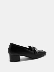 CUCCOO BIZCHIC Women's New Thick Heel Loafers, Fashionable Square Toe Rhinestone Decor Shoes Spring Shoes - Black - View 9