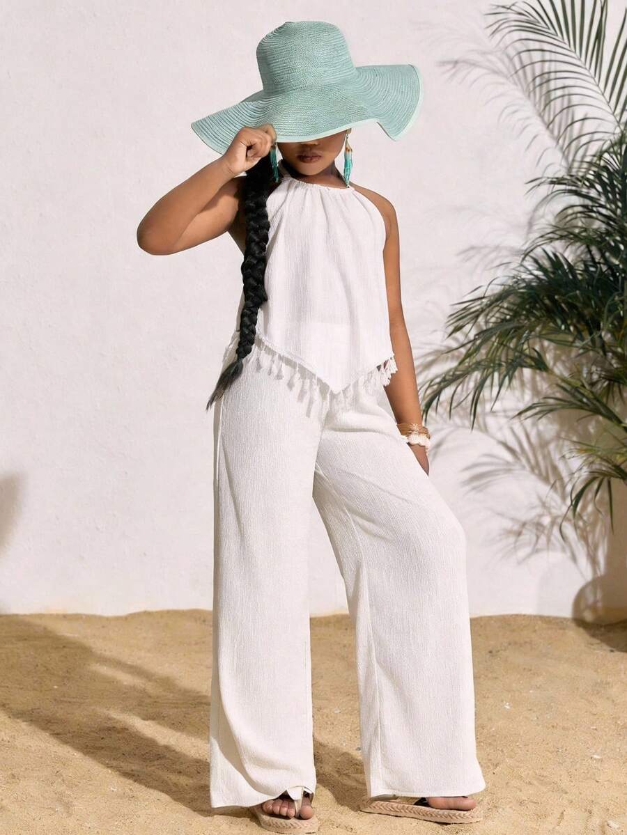 Tween Girls Casual Everyday Vacation Halter Curved Hem Tassel Top And Pants Set - Apricot - View 1