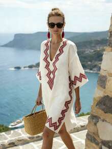 Breezaya 女士短款V领连衣裙，宽肩设计，中袖，不对称红色线条印花混纺面料，休闲宽松沙滩风泳装罩衫，女士沙滩罩衫，女士沙滩装罩衫，地中海风格连衣裙，女士度假装，波西米亚风连衣裙，波西米亚时尚女装，女士度假装，白色束腰连衣裙，沙滩长袍连衣裙，游艇俱乐部连衣裙，波西米亚刺绣连衣裙，度假装连衣裙，波西米亚风连衣裙，女士假日连衣裙 - 彩色 - 查看 6