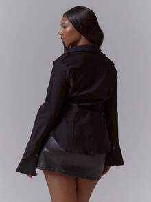 MUSERA 收腰修身长款喇叭袖衬衫套装上衣（仅限上衣）圣诞节场合性感夜生活冬季优雅可爱魅力 - 黑色 - 查看 2