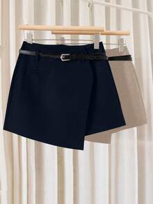 Franclia 休闲通勤时尚不对称下摆裙裤，女士多功能一体式短裤，无腰带配套一体式裙裤 - 藏蓝色 - 查看 6