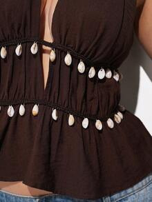 Maija Plus Size Brown Halter Top,Summer Boho Beach Holiday Women's Shell Chain Retro Solid Color Casual Elegant Fashionable Curve Party Essential Top - Brown - View 7