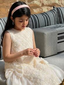 SHEIN Tween Girl Loose Elegant Round Neck Sleeveless Mesh Embroidered Fabric Bow Decor Ruffle Hem Dress Tween Girl - Apricot - View 2