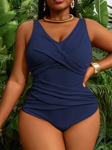 Slaydiva Baju Renang Wanita Ukuran Besar Model Terusan Warna Polos yang Melangsingkan, Modis, Kasual, untuk Liburan Pantai - Navy Blue - View 5