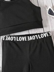 Young Girl Casual Black Sports Bra And Leggings Set - Black and White - View 3