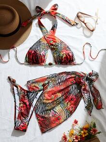 Swim Vcay Ensemble bikini 3 pièces pour femmes, comprenant un bikini à imprimé floral léopard sexy et ajouré, une jupe cache-maillot assortie et des accessoires de bijouterie, idéal pour les vacances à la plage en été - Multicolore - Voir 3