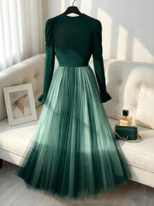 GlowEve CURVE Women's Waist Cinched A-Line Mesh Patchwork Christmas Holiday Elegant Everyday Commute Fashion French Street Retro Versatile New Year Business Green Long Sleeve Dress, Autumn/Winter - Dark Green - View 2