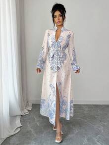 EMERY ROSE Women's Elegant Printed Long Sleeve Dress - Apricot - View 5