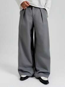 PAVTROS Men's Solid Color Pleated Casual Loose Wide-Leg Pants - Dark Grey - View 3