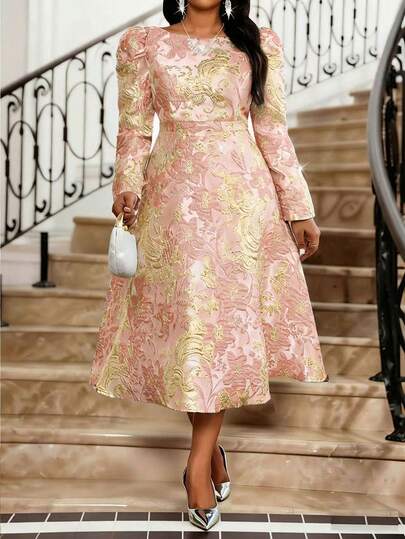 SHEIN Lady Plus Size Elegant Pattern Round Neck Long Sleeve Pink Dress Women's Formal Dresses, Women's Elegant Dresses, Women's Elegant Party Dresses, New Year's Dresses, Winter Dresses, Shimmering Dresses, Women's Floral Dresses, Women's Pink Dresses, Women's Luxury Dresses, Brocade Jacquard Dresses, Women's Church Gowns, Dubai Robes, Women's Luxurious Shimmering Dresses Wedding Party Dresses. Party Dress  Wedding Guest Dress For Women  Birthday Dress  Floral Dress Pink Dress