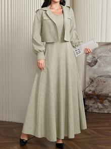 Seusyu 2pcs Women Casual Hooded Cropped Jacket And Sleeveless Dress Set, Spring Autumn 2 Pieces Set - Green - View 3