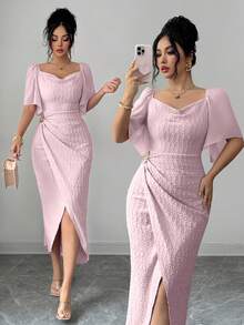 Modelyn Đầm nữ thanh lịch cổ bèo phối màu, khóa kim loại, khóa cài, dáng ôm, thích hợp cho mùa xuân/hè. - Hồng - Xem 4