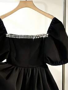 Franclia Women's Elegant Square Collar Rhinestone Waist Shirt - Black - View 6