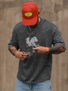 DAZY 男士短袖圆领T恤，灰色印花，夏季款 - 灰色 - 查看 5