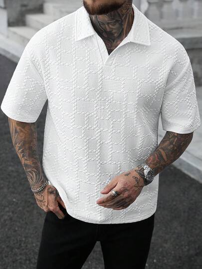 Manfinity CasualCool Men's Casual Jacquard Knit Polo Shirt, Versatile For Daily Wear,Men Old Money,Daily Leisure, Weekend Trips, Outdoor Activities, Travel Expeditions, Relaxed Work Environments Or Semi-Formal Occasions, Boyfriend/Husband Gift, Anniversary /Birthday Gift Party Summer Vacation Holiday,Wedding,Spring To Summer,Mardi Gras,Men's Casual White Polo Shirt With Unique Textured Fabric Detail,White Textured Men's Shirt,Men's Graphic Shirt,White Shirt For Men