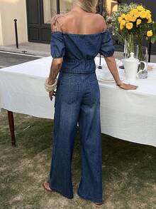DAZY Women's Summer Off Shoulder Short Sleeve Tie-Up Denim Top And Loose Wide-Leg Pants Casual Vacation Denim Set - Dark Wash - View 5