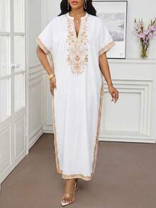 SHEIN Lady Women's Graphic Print Notched Neck Casual Short Sleeve Dress White Maxi Dress Women Boho White Dress White Beach Cover Up - Multicolor - View 5