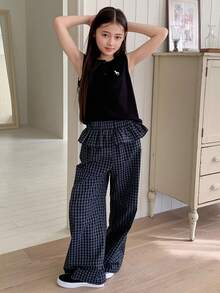 DAZY Tween Girls' Solid Color Plaid Patchwork Sleeveless T-Shirt And Pants Set - Navy Blue - View 2