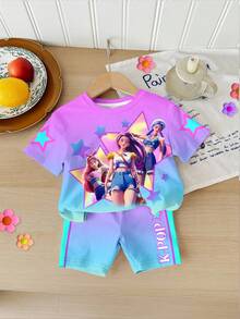 SHEIN 2 pièces/set Haut à manches courtes et short imprimé de dessin animé décontracté pour jeune fille, convient pour l'été - Multicolore - Voir 3