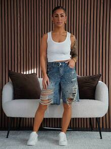 SAYEHFBABY Y2K 做旧水钻牛仔短裤 - 中等水洗藍 - 查看 1