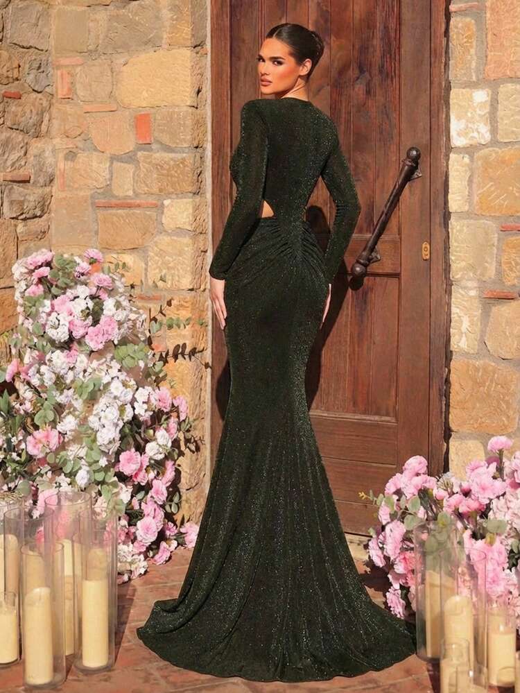 Glamrae فستان أنيق فاخر بأكمام من شبكة معدنية ذهبية وفضية، مطوي الخصر وذيل سمكة، مناسب للحفلات الزفاف والمناسبات الرسمية والسهرات والعطلات - أخضر عسكري - مشاهدة 4