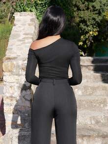 Yess Loren 1pc Black Tight-Fitting One-Shoulder Long Sleeve Bodysuit, Simple & Fashionable For Casual Daily Wear - Black - View 2