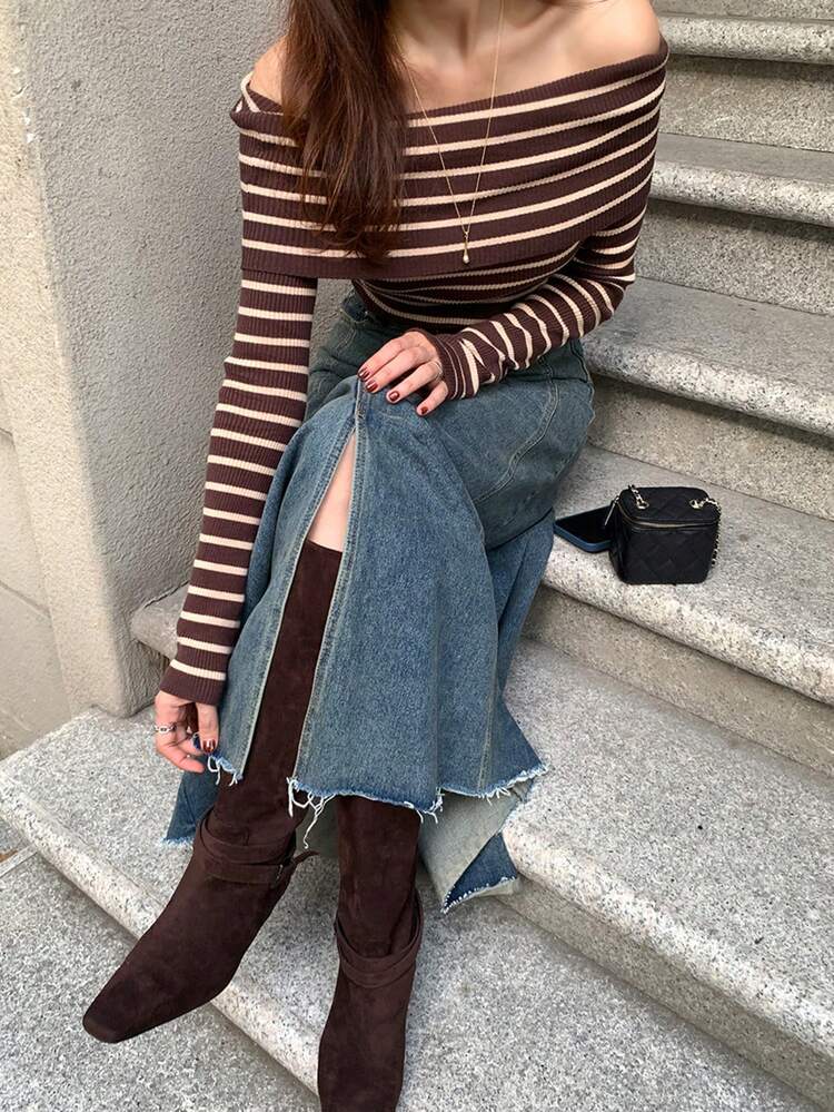 1pc Women Striped Off-Shoulder Lightweight Sweater, Long Sleeve