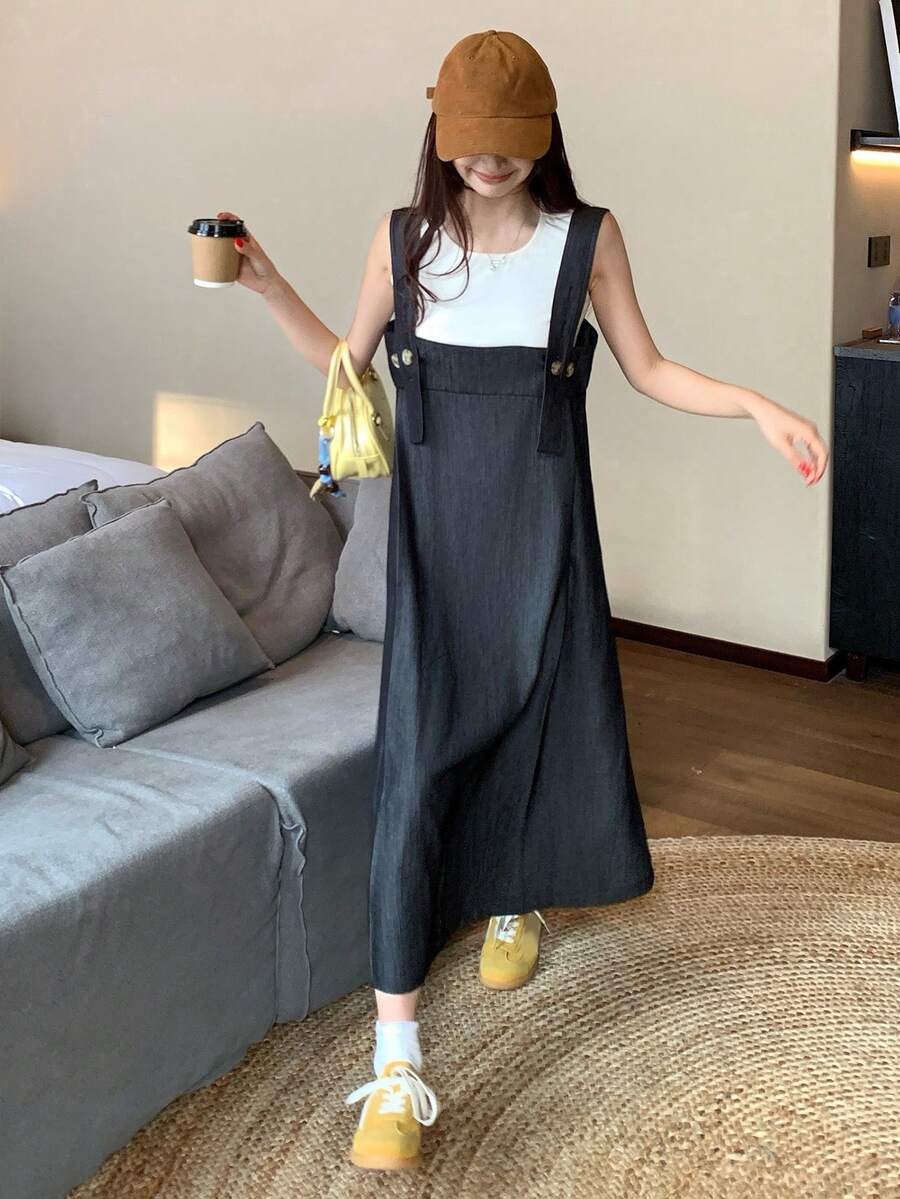 DAZY 女士复古无袖牛仔背带裙，设计细节让您看起来更年轻更苗条，中长款连身裙 - 黑色 - 查看 1