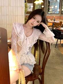 DAZY Women's Sexy Lace Hollow Long Sleeve Blouse With Ruffle Hem Vacation - White - View 4