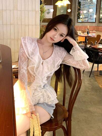 DAZY Women's Sexy Lace Hollow Long Sleeve Blouse With Ruffle Hem