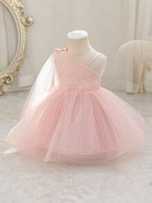 Glamorique Kids 花童生日派对婚礼节日礼服，女婴公主蕾丝缎面薄纱蓬蓬裙，薄纱缎带不对称蝴蝶结设计，适合正式场合、舞台表演、钢琴演奏、派对、拍照、夏季，欧美风格 - 粉色 - 查看 4