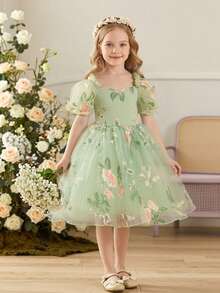 Glamorique Kids 花童、生日派对、婚礼、节日礼服，女童公主风花卉网纱连衣裙，适合派对或特殊场合，泡泡袖，优雅正式礼服，可爱美丽，四季皆宜 - 綠色 - 查看 3