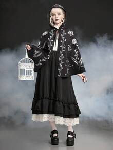 ROMWE Women's Dark Gothic Mysterious Plant Witch Heart Hooded Cloak - Black - View 6