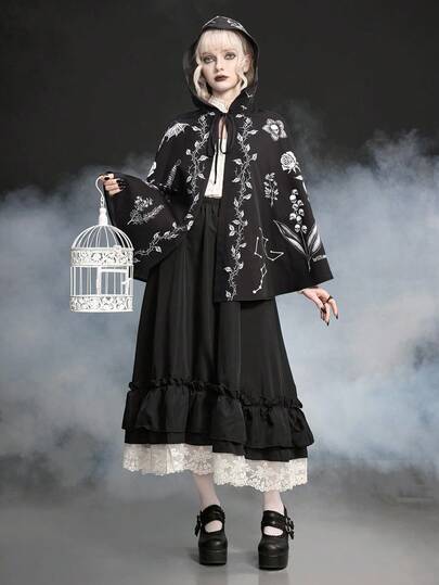 ROMWE Goth 女士暗黑哥特神秘植物女巫心形连帽斗篷