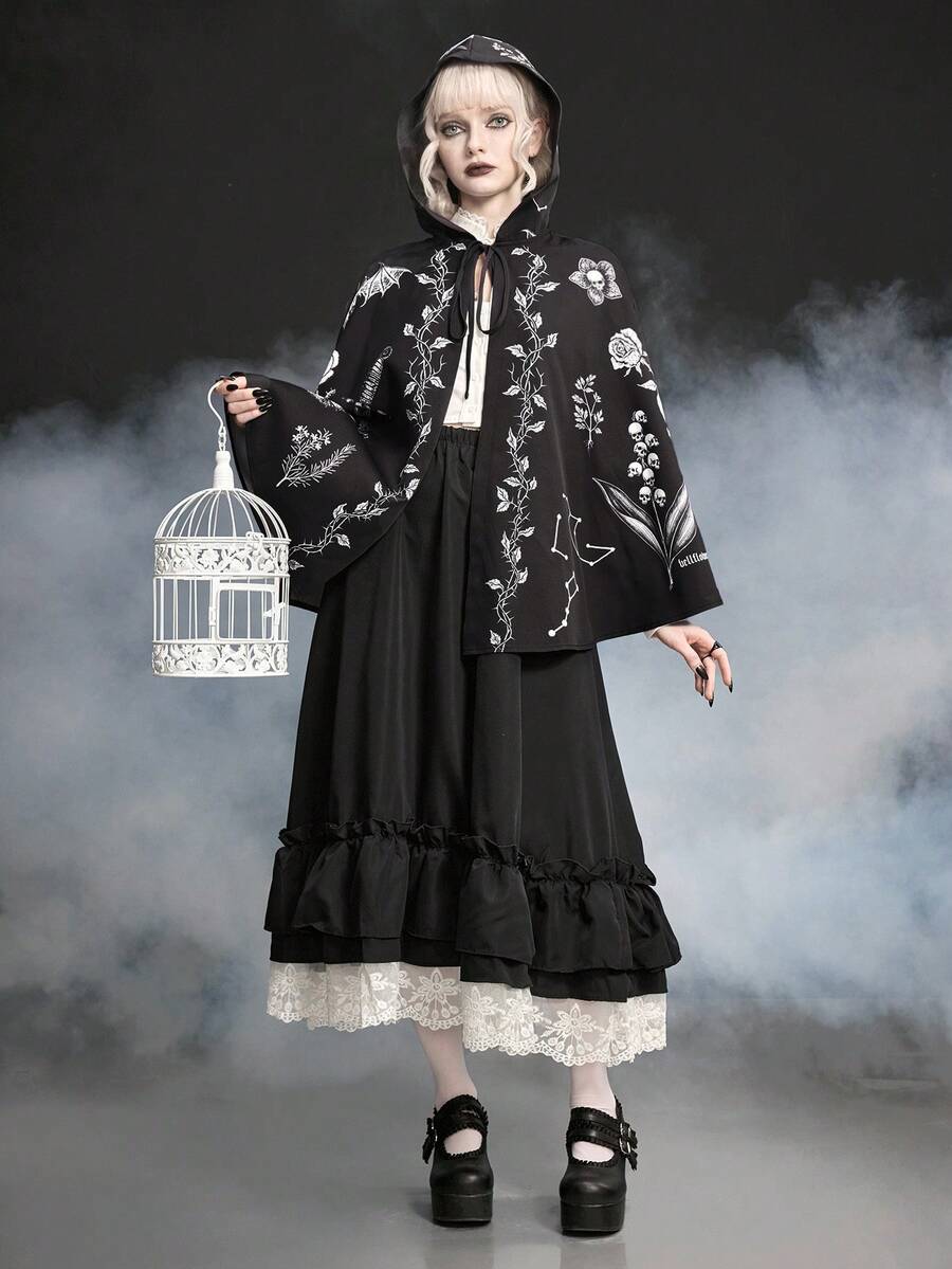 ROMWE Goth 女士暗黑哥特神秘植物女巫心形连帽斗篷 - 黑色 - 查看 1