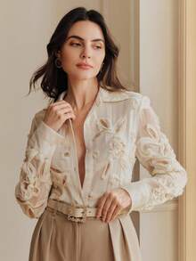 Anewsta Spring High-End Chic Blouse Design With Beaded Floral Sequin Chiffon Long Sleeve Stand Collar Women Shirt - Apricot - View 3