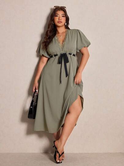 Elaquor Plus Size Women V-Neck Contrast Lace Puff Sleeve Tie Waist Fashionable Dress Plus Size Vacation Dress Curvy Summer Dresses  Plus Size Resort Wear Curve Beach Dress Casual Vacation Dresses Woman Curve Spring Outfit Women Spring Dress For Women