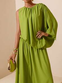 SHEIN Veneréa New Spring/Summer One-Shoulder Ruched Waist Dress, Green Round Neck, Elegant Resort Wear Primavera A Estate Solid Color Dress Primavera A Verano Resort Dresses For Women St Patrick's Day St Patrick's Day Avocado Green, One-Shoulder Draped, Asymmetric, Elegant Vacation Style, Gown, Party, Banquet, Vacation - Green - View 1