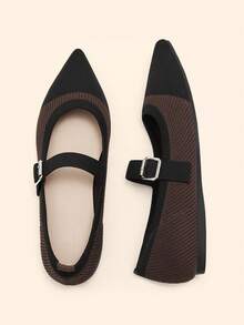 CUCCOO BASICS Giày nữ mũi nhọn đế bằng màu nâu dệt kim có khóa cài, thoải mái và thoáng khí, giày Mary Jane đế bằng đa năng dành cho nữ đi làm hàng ngày. - Màu nâu đen - Xem 3