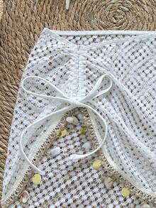 Swim Vcay 2026新款女士夏季沙滩度假网纱特殊面料亮片流苏抽绳腰半身裙罩衫 - 杏色 - 查看 5