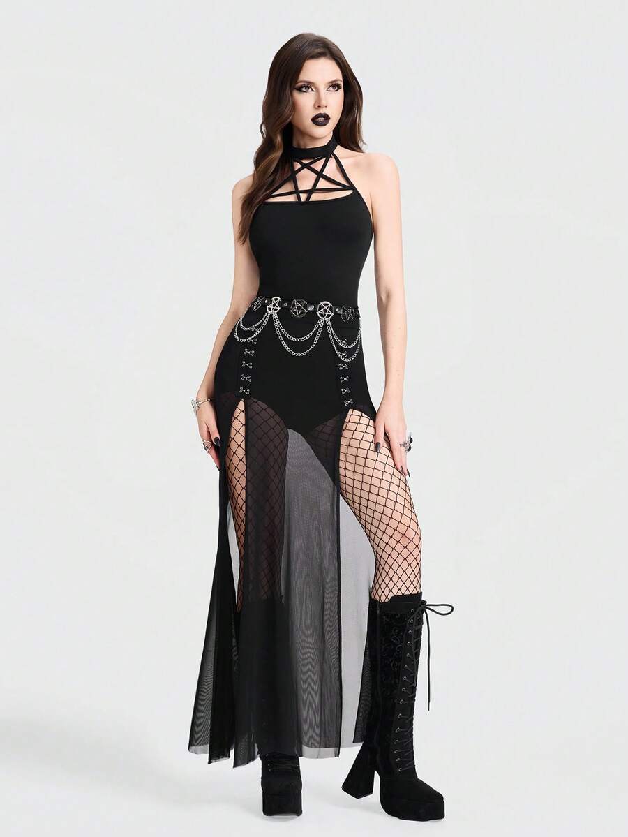 Breakform 女士性感哥特风纯色网纱针织超短裤，侧边贴片装饰，金属钩扣，松紧腰高腰修身高开衩裙 - 黑色 - 查看 1