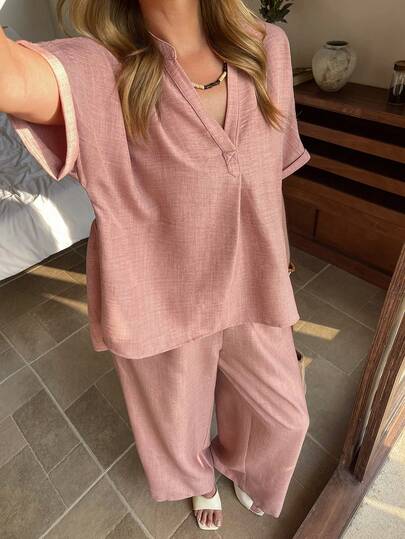 Vivie Lora Women's Pink V-Neck Loose Shirt And Wide Leg Pants 2 Pieces Set