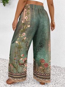 CosyJoli Plus-Size Women's New Spring/Summer Retro European Floral Pattern Solid Color Beach Shorts, Suitable For Occasions Such As Valentine's Day, Fashionable For Commuting, Striped Wide-Leg Pants With Pockets. Beach Vacation/College Student Vacation Style Cruise Women's Summer Loose Casual Pants, Plus-Size Women's Casual Pants. - Green - View 3