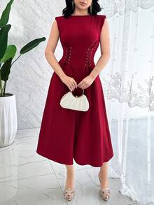 Modelyn 女士纯色圆领腰部镂空抽绳设计优雅中长连衣裙 - 酒紅色 - 查看 6