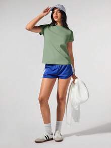 Fluxe 休闲纯色针织圆领短袖宽松百搭女式T恤 - 綠色 - 查看 8