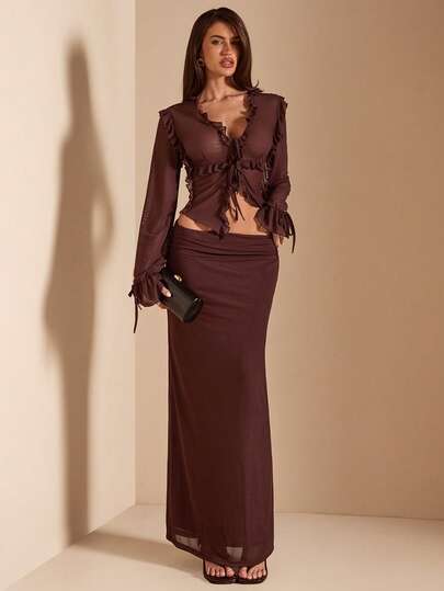 SHEIN BAE 棕色女士半身裙，适合派对、度假、宴会、婚礼、夜生活、浪漫约会、春夏穿着。