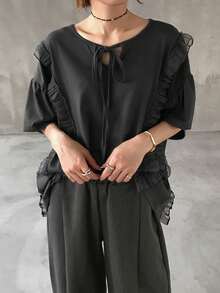 FRIFUL Women's Round Neck Multi-Layer Mesh Patchwork Loose Lantern Sleeve Shirt With Bow Tie Collar - Grey - View 5