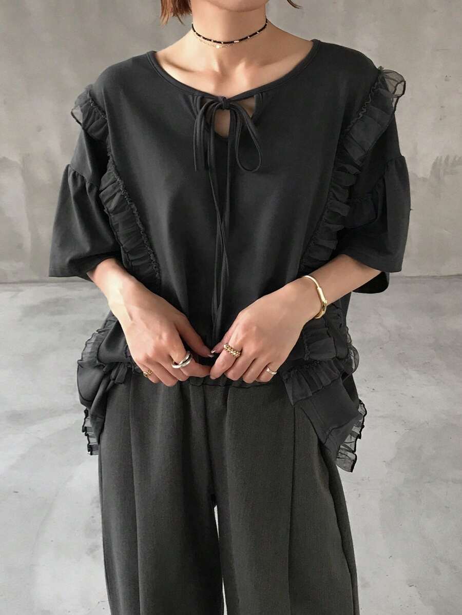 FRIFUL 女士圆领多层网眼拼接宽松灯笼袖衬衫，配蝴蝶结领 - 灰色 - 查看 1