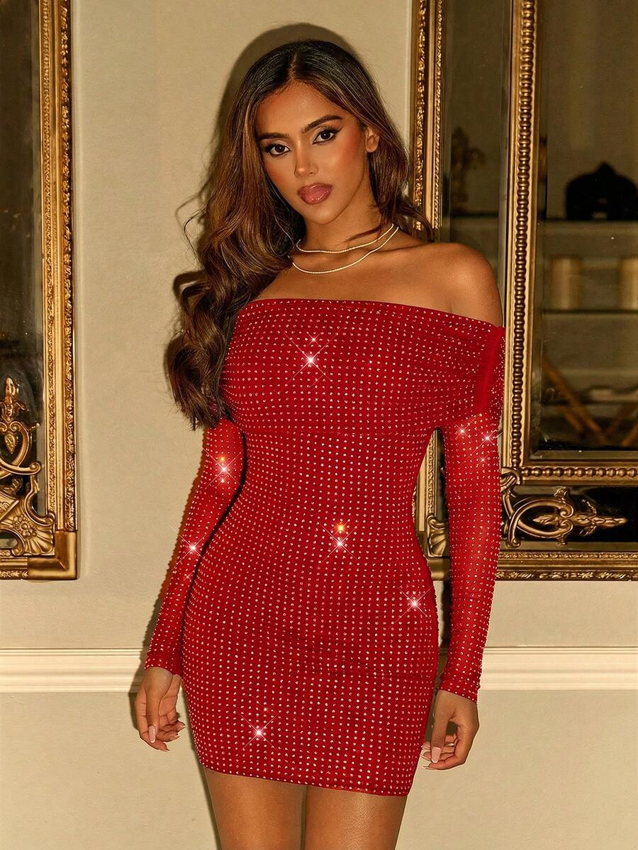SHEIN ICON Foldover Off-Shoulder Mesh Rhinestone Embellished Mini Dress - Red - View 1